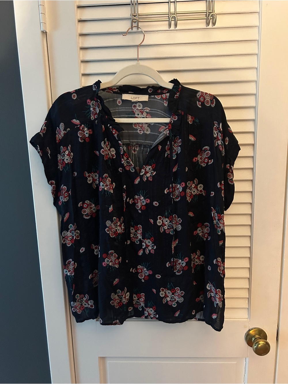 LOFT Navy Floral Ruffle Tie-Front Blouse